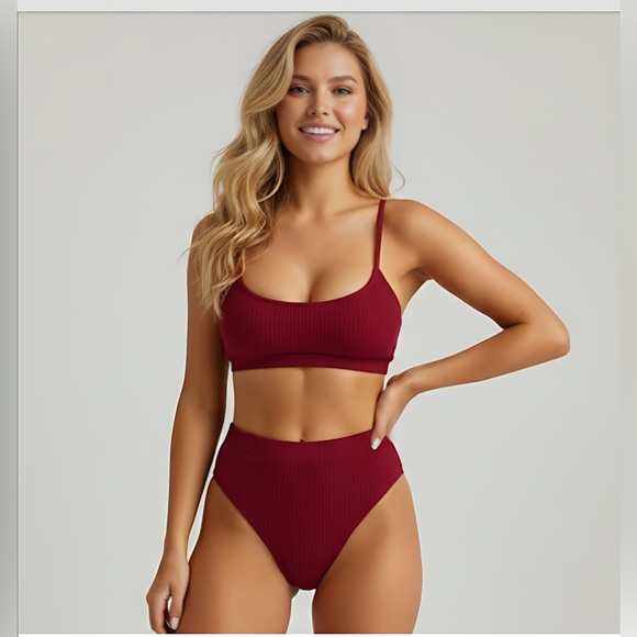 Burgundy Ribbed High Waist 2pc Bikini Swim Suit Bathing Suit - Picture 3 of 7